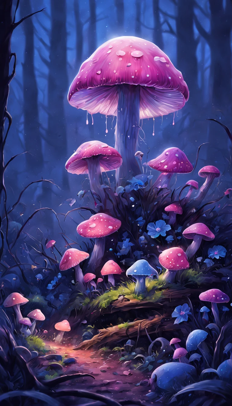 one hundred fireflies, bioluminescent mushrooms, Glowing mushrooms, (sleeping little goblin), There is fog, Misty, Digital illustration, There is almost no light, darkly, dark pink color palette, light violet, navy-blue, Castanhos escuros, and cornflowers, hight contrast, mistic, a dead, rotten piece of wood, the night, Poison drops, Liquid dripping, MuCoi, vivd colour, a fairy dust, Lots of shadows, nightmare, eerie, Absolute horror, dark and deep, shadowing, The is very detailed, ultra - detailed, 4K, Digital illustration, aquarelle, art  stations, 动态照明, dynamic range