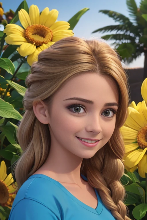 (realista: 1.4), mejor calidad, ultra-high-resolution, 4k , Detalles intrincados , Altamente detallado, A -yeld gi, very light brown hair with braid , Cabello largo , todo muy detallado , Sonriente , alto contraste , Background flowers falling behind her , HDR , cinematographic image , senos medianos, viste playera amarilla de manga corta , playera amarilla , falda azul plisada , falda azul , linda sonrisa , maquillaje ,ojos verdes , jardin , fiesta , noche , posando para foto