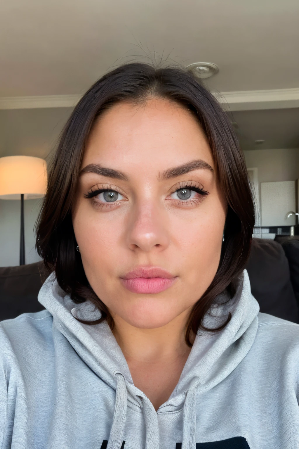 (Alyssa Smith) (High quality, masterpiece, two-dimensional, beautiful eyes, extremely detailed background, 8k, extremely detailed face), slightly chubby body, strong muscles, bright eyes, sophisticated, selfie, at home in living room, wearing hoody and pajama
