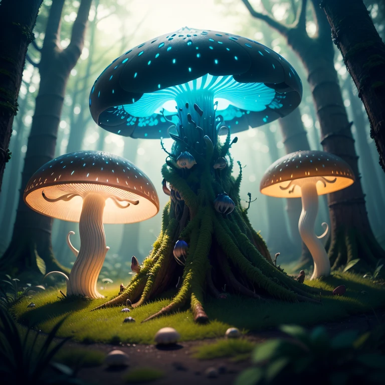 bioluminescent mushroom, creature mushroom, translucent mushrooms glow, dark forest, dynamic, particulate, intricate, elegant, highly detailed, sharp focus, octane render,