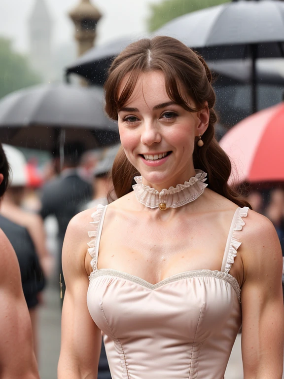 Kate, ripped muscle, muscular body, pale skin, smile(blush), victorian era dress, [ultra detailed skin:1.2], 8k uhd, full body, stand, sweat, cum on face, crowd, public, rain,