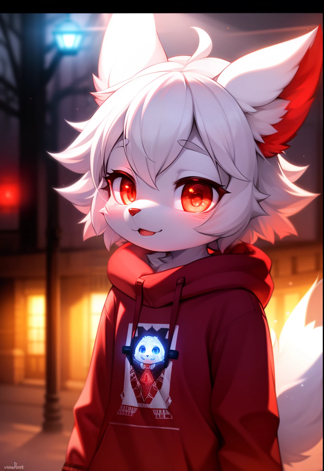 furry, white fur, ultra cute face, red elements on fur, glowing t-shrt, beautiful lights and shadows, ambient light, ultra detailed fur, volumetric light