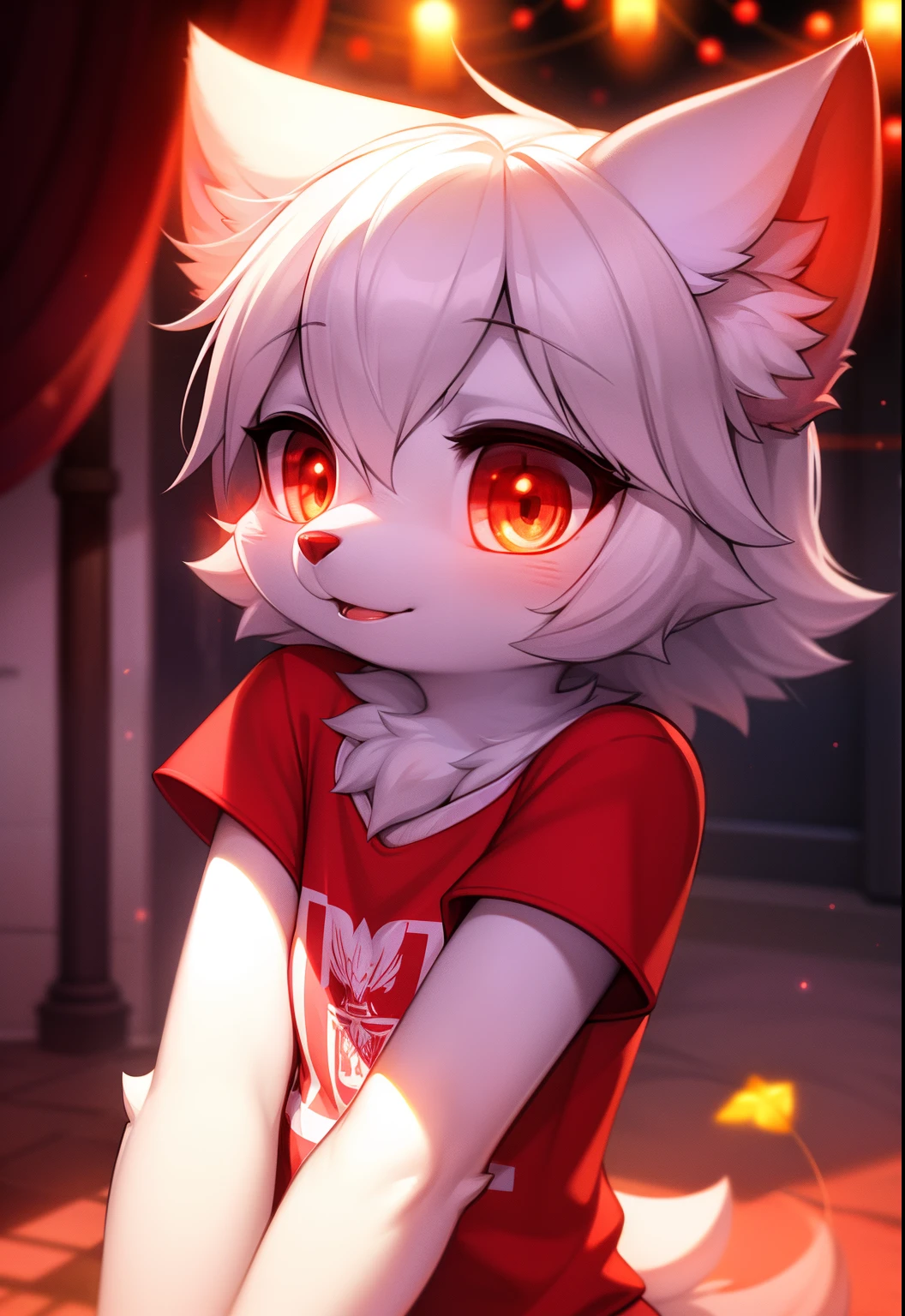furry, white fur, ultra cute face, red elements on fur, glowing t-shrt, beautiful lights and shadows, ambient light, ultra detailed fur, volumetric light