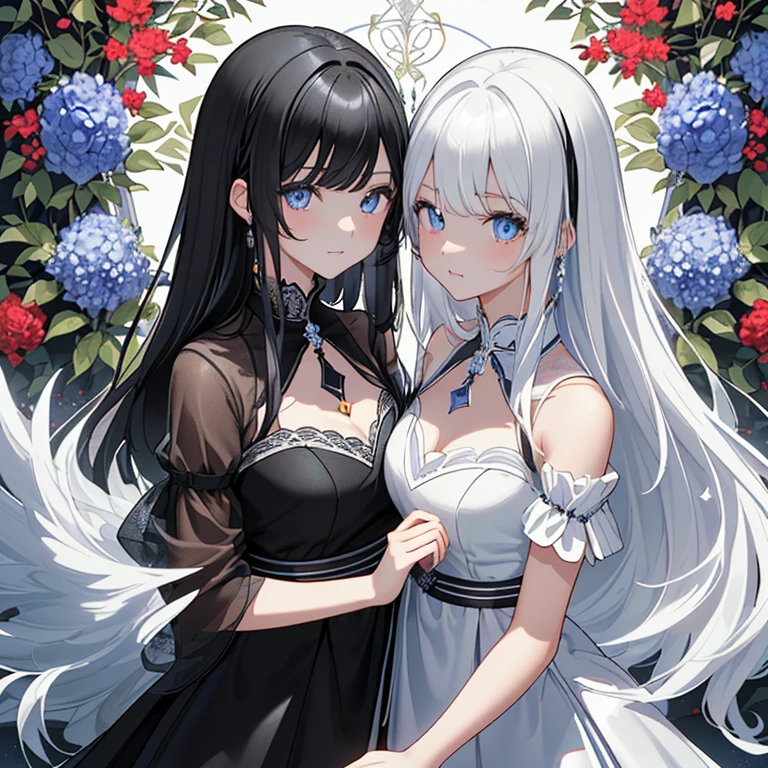 masterpiece、top-quality、absurderes、2 girls、One is a very short girl、One is a tall girl、two have ultra gigantic tits、Two have white hair、very very Long hair、Fine details、A slight smil、One in a black dress、One in a white dress、extremely detailed eye and face、Detailed writing、kawaii、Sparkling eyes、A slight smil、The bodies of two people are in close contact、Bright white lighting、In the open forest、Two people are hugging each other、Squashed chest、The height difference is clear