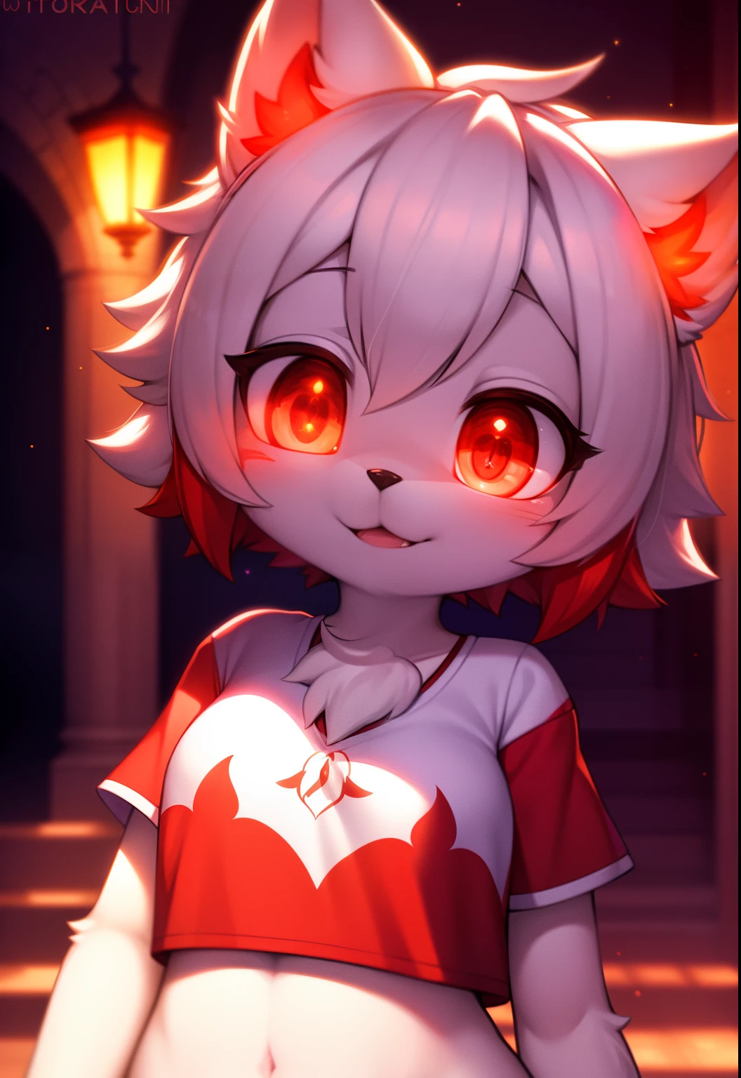 furry, white fur, ultra cute face, red elements on fur, glowing t-shrt, beautiful lights and shadows, ambient light, ultra detailed fur, volumetric light