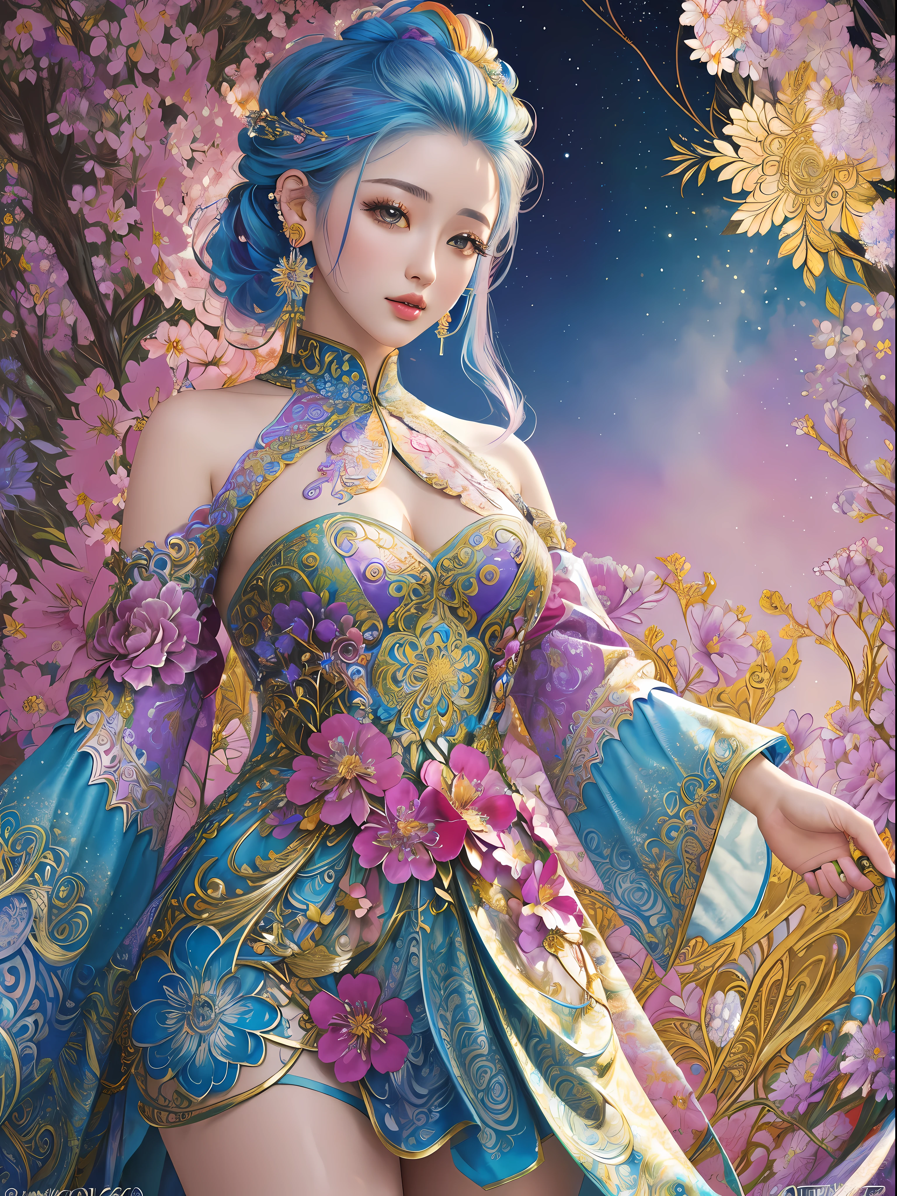 (masterpiece, top quality, best quality, official art, beautiful and aesthetic:1.2), (1girl:1.3), extremely detailed, (fractal art: 1.1), (colorful:1.1) (flowers:1.3), highest detailed, (zentangle: 1.2), (cold pose), (abstract background:1.3), (Vietnamese dress:1.2), (shiny skin), (many colors:1.4), (earrings:1.4), platinum hair tied half up