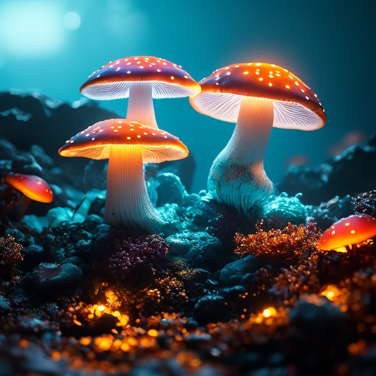 bioluminescent mushroom, creature mushroom, translucent mushrooms glow, deep sea, dynamic, particulate, intricate, elegant, highly detailed, sharp focus, octane render,
