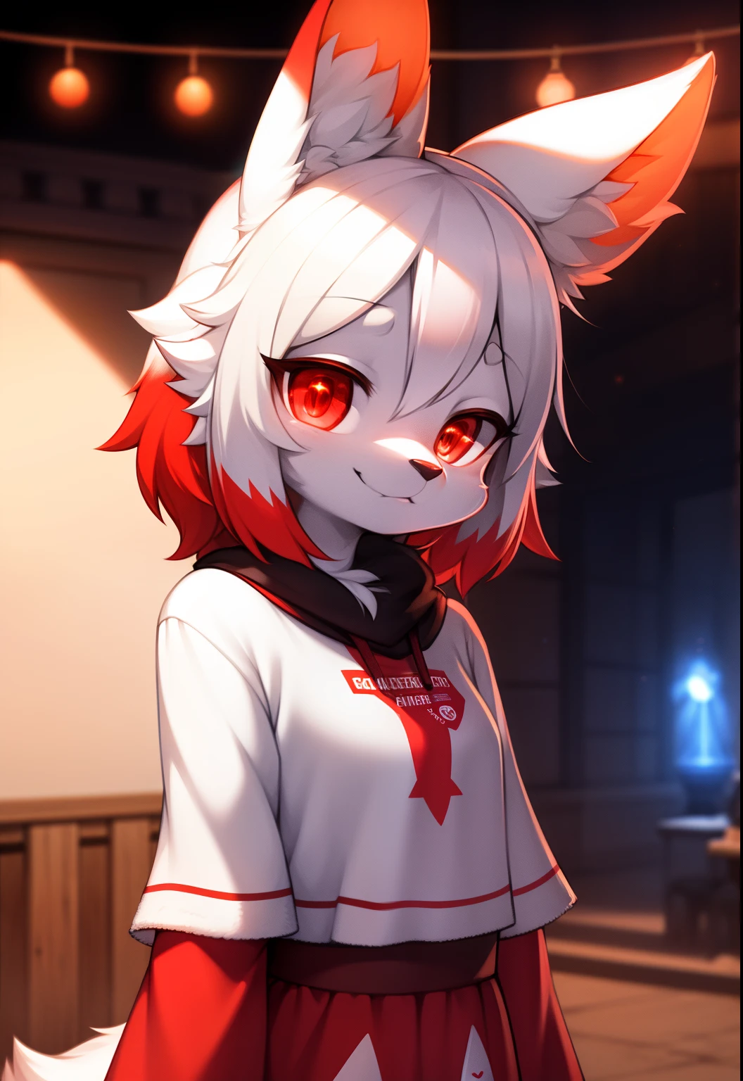 furry, white fur, ultra cute face, red elements on fur, glowing t-shrt, beautiful lights and shadows, ambient light, ultra detailed fur, volumetric light