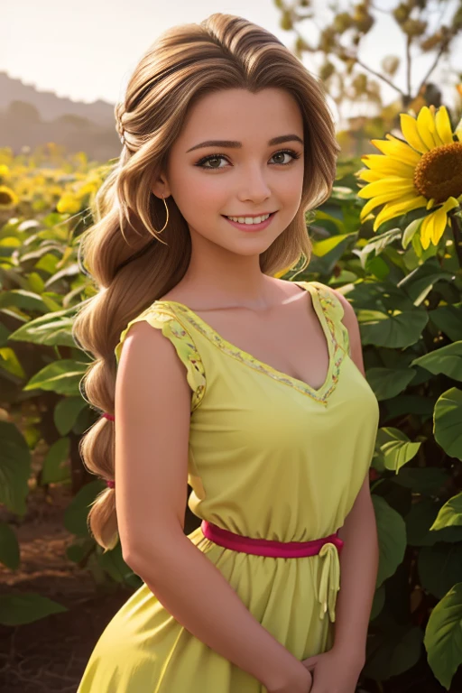 (realista: 1.4), mejor calidad, ultra-high-resolution, 4k , Detalles intrincados , Altamente detallado, A 14-year-old girl , very light brown hair with braid , Cabello largo , todo muy detallado , Sonriente , alto contraste , Background flowers falling behind her , HDR , cinematographic image , senos medianos, viste playera amarilla de manga corta , playera amarilla , falda azul plisada , falda azul , linda sonrisa , maquillaje ,ojos verdes , jardin , fiesta , noche , posando sexy para foto , trenza grande , cuerpo completo