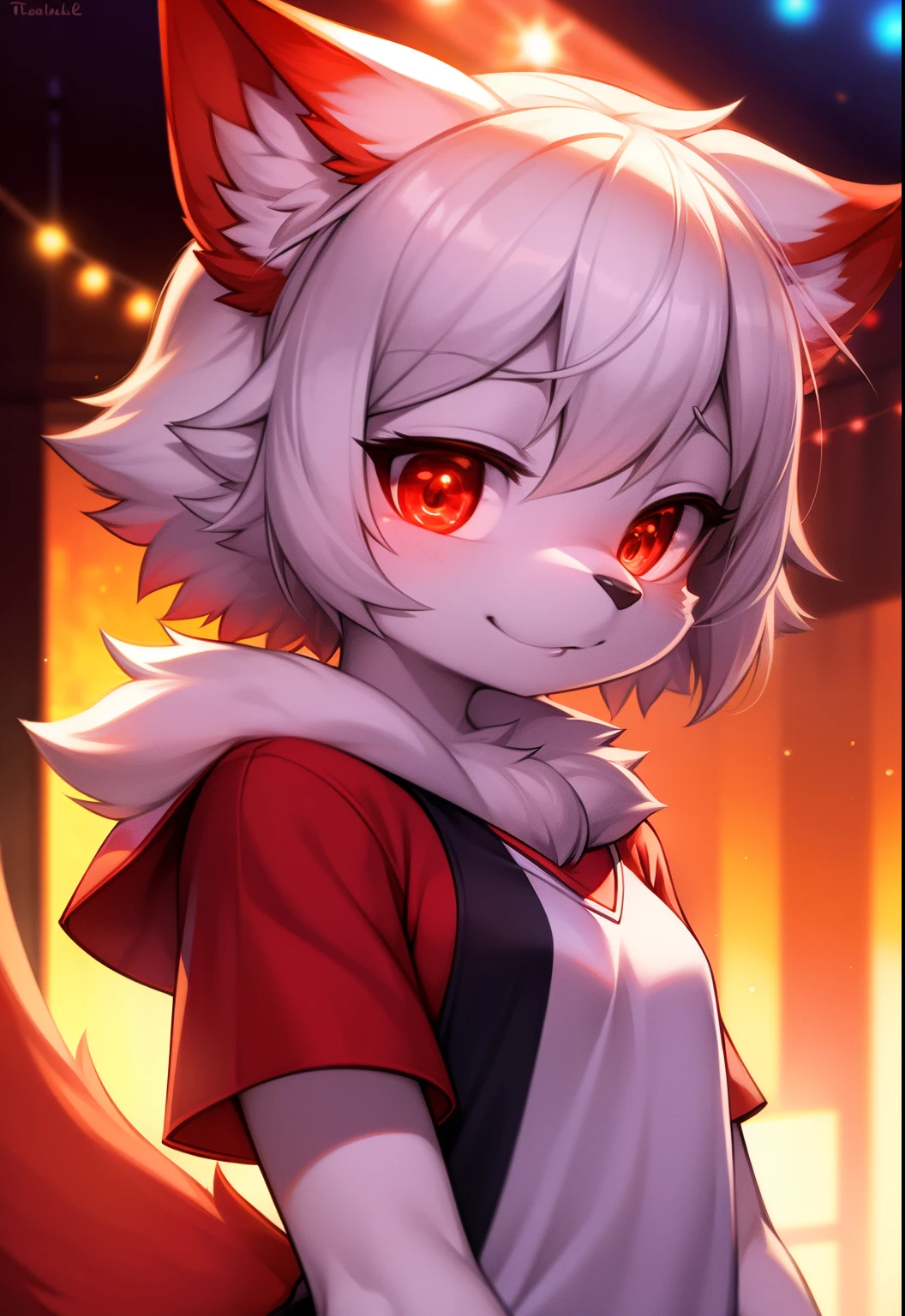 furry, white fur, ultra cute face, red elements on fur, glowing t-shrt, beautiful lights and shadows, ambient light, ultra detailed fur, volumetric light