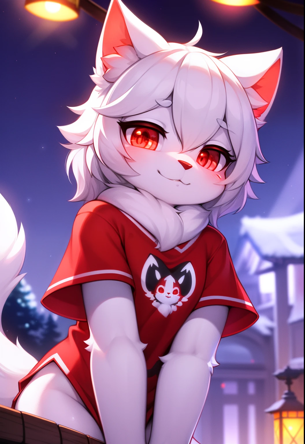 furry, white fur, ultra cute face, red elements on fur, glowing t-shrt, beautiful lights and shadows, ambient light, ultra detailed fur, volumetric light