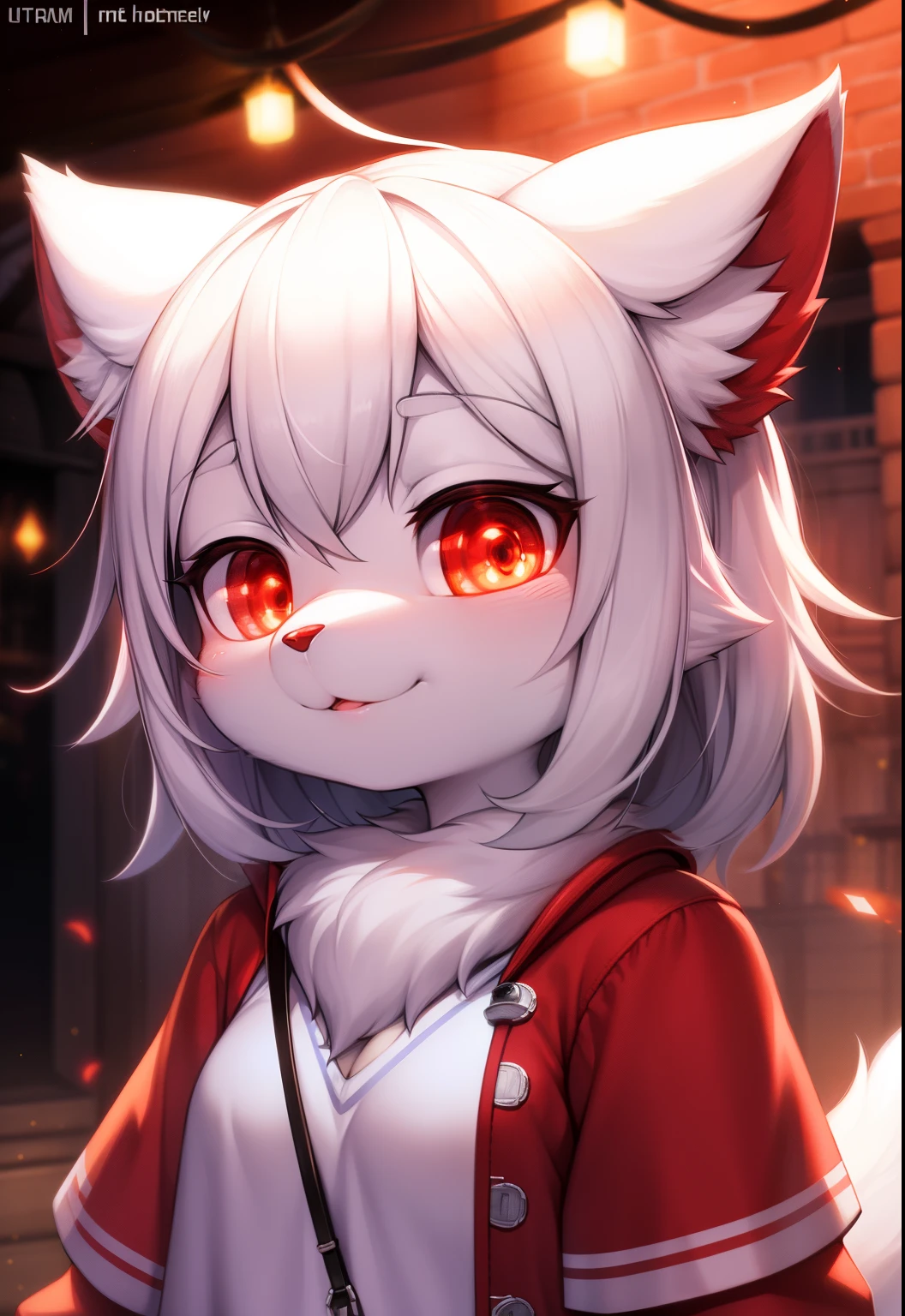 furry, white fur, ultra cute face, red elements on fur, glowing t-shrt, beautiful lights and shadows, ambient light, ultra detailed fur, volumetric light