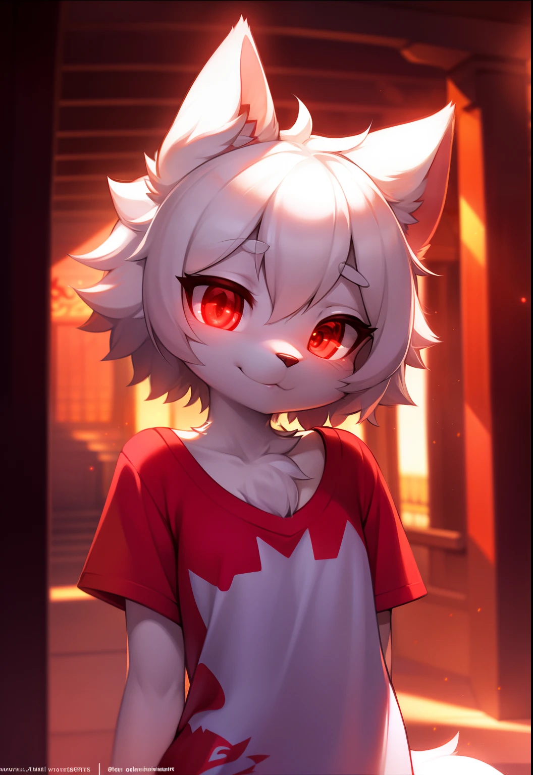 furry, white fur, ultra cute face, red elements on fur, glowing t-shrt, beautiful lights and shadows, ambient light, ultra detailed fur, volumetric light