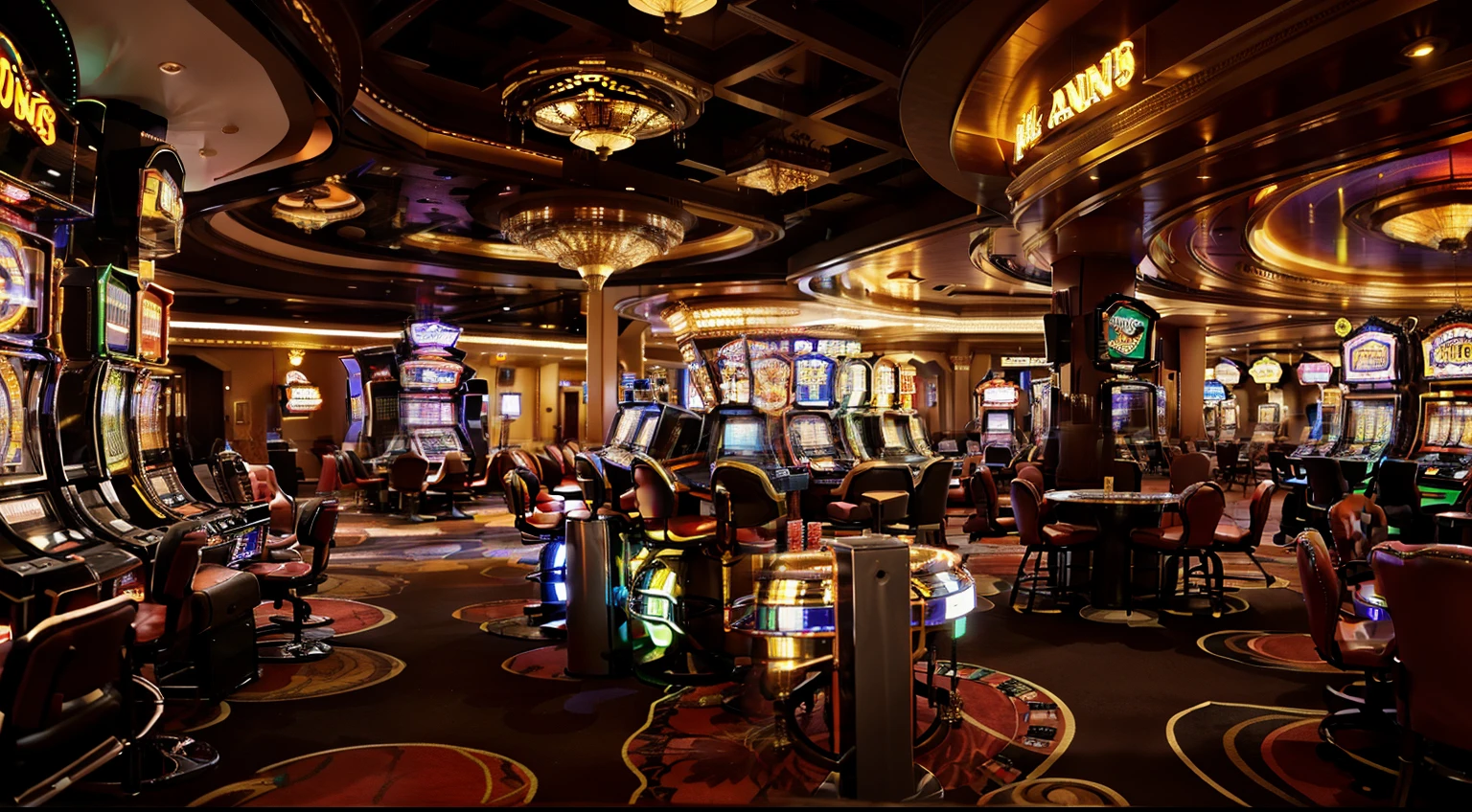 Alafid view of casino with casino machines,many slot machines(1:3) inside a casino, indoor casino, Casino of the future, There is a grand inside, casino, Las Vegas lights up at night, ornate cyberpunk interior, ground level shot, Las vegas, open shiny floor, in a futuristic desert palace, Beautiful images, Center lens, Turn on RTX for stunning visual effects