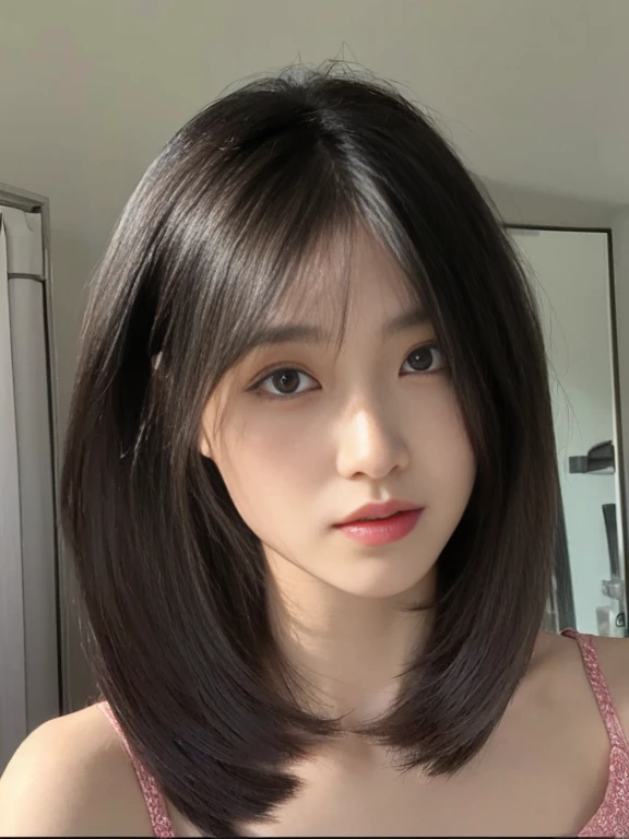 Clavicle hair，mid - length hair，middle parted bangs，black color hair，Clear hair，