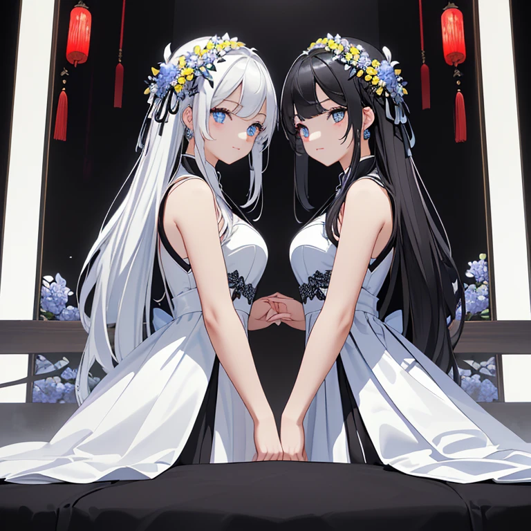 ((​masterpiece、top-quality:1.5、a high chroma:1.5、ultra-detailliert、high-resolution illustrations:1.5、Ultra-high-definition CG、8k size wallpaper、offcial art))、(2girls、Twin sisters),(yuri),(cute face:1.5)、(clear face:1.3),(Shining eyes:1.5)
 ((black-only color schemeドレス:1.5)), ((white-only color schemeドレス:1.5)),(sexy body),(One is only black and the other is only white),(evening gown),(), ((medium breasts))、
,(The background is a triple structure of bright colors, blue flowers, red flowers and yellow flowers,)、