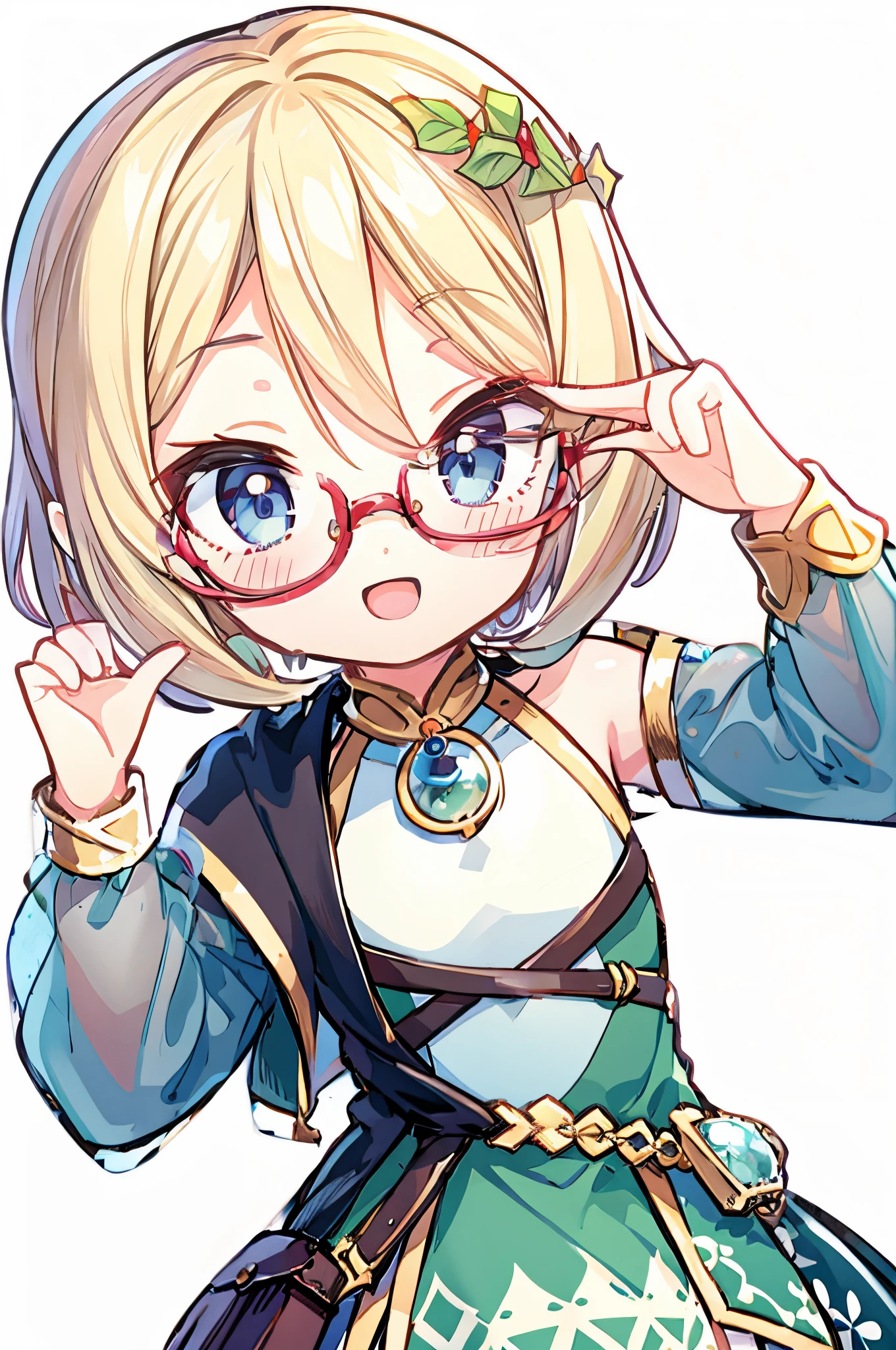 1 cute anime girl, red christmas outfit, white background, facing the camera, yellow blonde hair, blue eyed, blue-rimmed eyeglasses, perfect hands., add_detail:0.5, Kokkoro (Princess Connect!), short yellow hair, cheerful expression, smiling,  (best quality, 4k, highres, ultra-detailed), vibrant colors, blue eyes