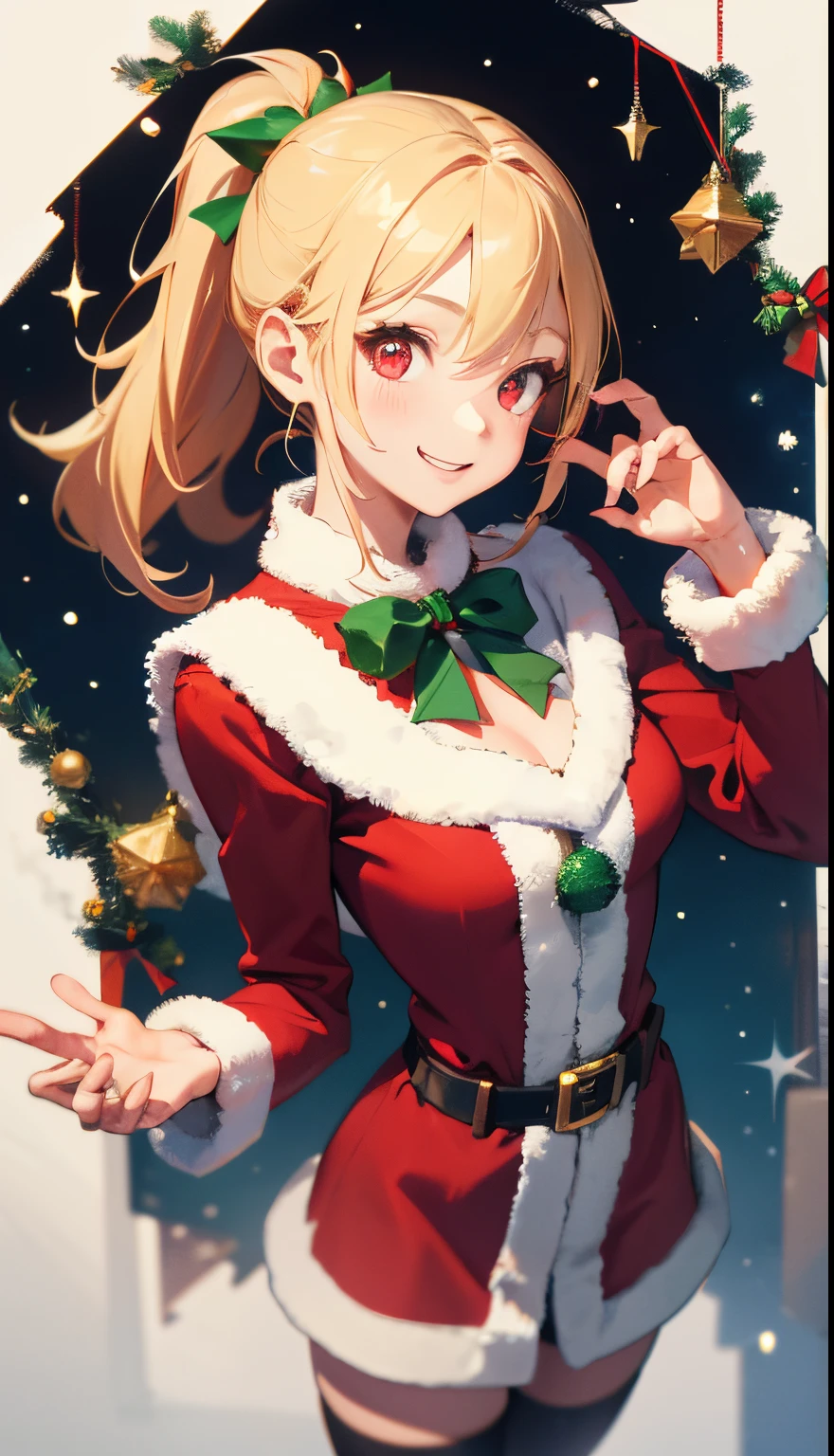 1girl in、a blond、Pony tail、Red Eyes、small tits、A smile、Laugh、Christmas、Dressed in Santa Claus costume、Colors based on red and green