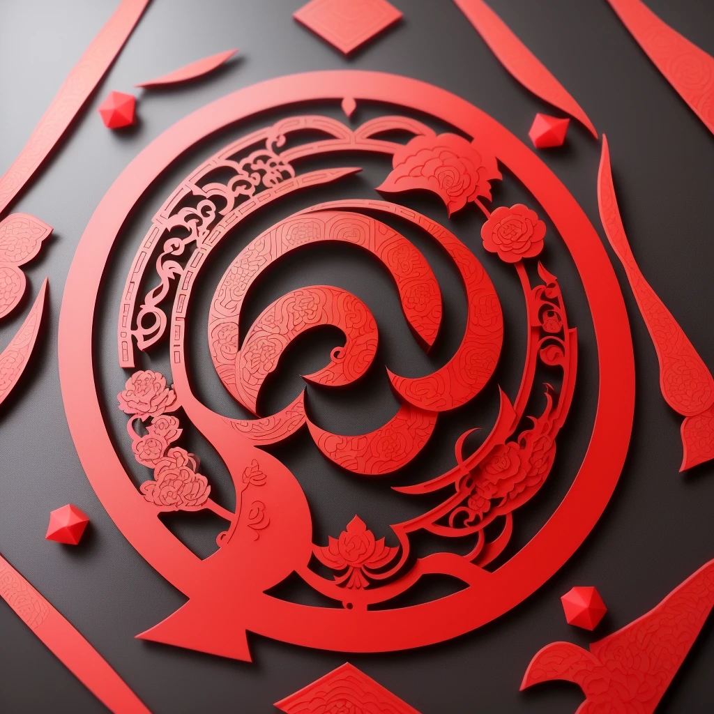 Chinese intangible cultural heritage paper-cutting,Chinese shape,Informative,Realiy,A4 size,Perfect center,Just one layer,with black background,Red paper cutout