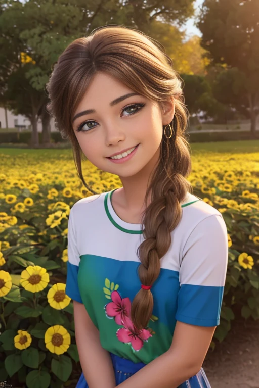 (realista: 1.4), mejor calidad, ultra-high-resolution, 4k , Detalles intrincados , Altamente detallado, A 14-year-old girl , very light brown hair with braid , Cabello largo , todo muy detallado , Sonriente , alto contraste , Background flowers falling behind her , HDR , cinematographic image , senos medianos, viste playera amarilla de manga corta , playera amarilla , falda azul plisada , falda azul , linda sonrisa , maquillaje ,ojos verdes , jardin , fiesta , noche , posando para foto