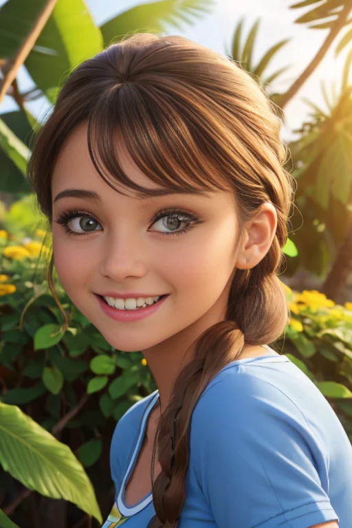 (realista: 1.4), mejor calidad, ultra-high-resolution, 4k ,  Detalles intrincados , Altamente detallado, A 14-year-old girl , very light brown hair with braid , Cabello largo , todo muy detallado , Sonriente  , alto contraste  ,  Background flowers falling behind her , HDR , cinematographic image , senos medianos, viste playera amarilla de manga corta , playera amarilla , falda azul plisada , falda azul , linda sonrisa , maquillaje ,ojos verdes , jardin , fiesta , noche , posando para foto