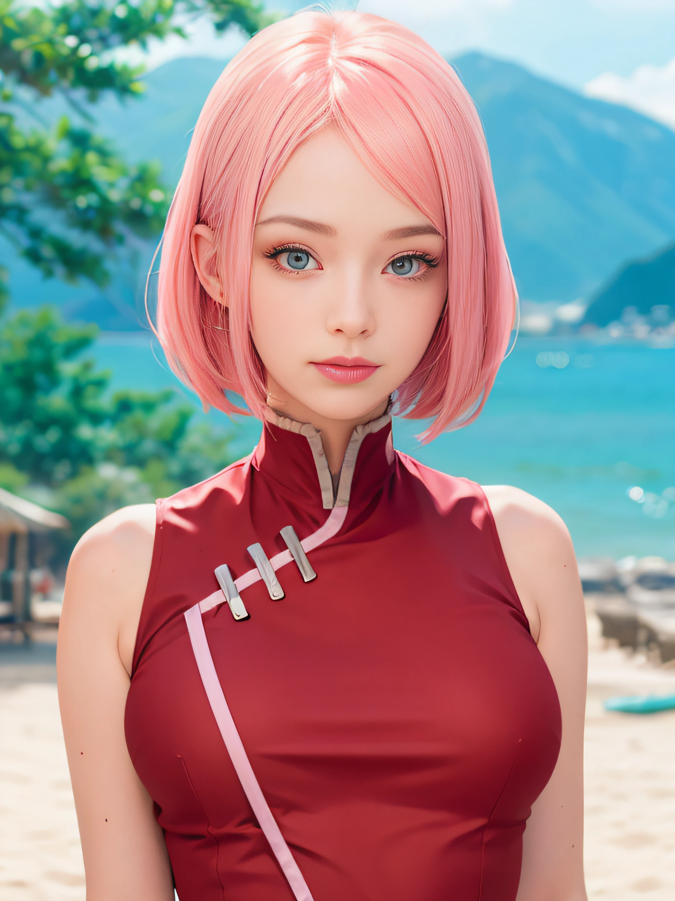masterpiece, best quality, (realistic, photo-realistic:1.4), (RAW photo:1.2), extremely detailed CG unity 8k wallpaper, delicate and beautiful, amazing, finely detail, official art, absurdres, incredibly absurdres, huge filesize, ultra-detailed, extremely detailed, extremely detailed girl, extremely detailed eyes and face, light on face,little smiles,short hair,nature background,pink hair,beach,mountain