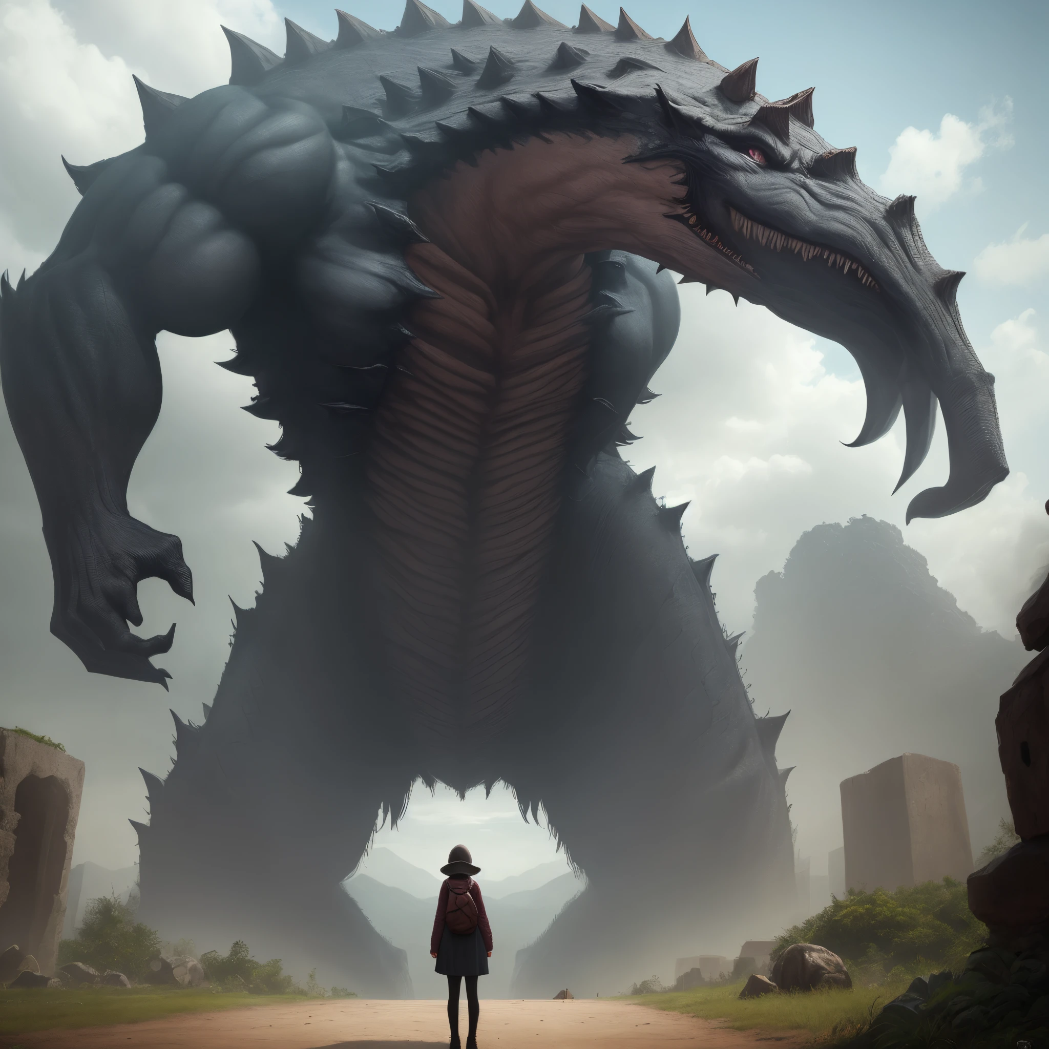 Lady facing a giant monster alone