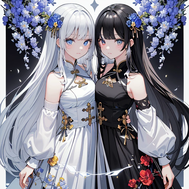 ((masterpiece、top-quality:1.5、a high chroma:1.5、ultra-detailliert、high-resolution illustrations:1.5、Ultra-high-definition CG、8k size wallpaper、offcial art))、(2girls、Twin sisters),(yuri),(cute face:1.5)、(clear face:1.3),(Shining eyes:1.5)
((black-only color schemeドレス:1.5)), ((white-only color schemeドレス:1.5)),(sexy body),(One is only black and the other is only white),(china dress),(), ((medium breasts))、
,(The background is a triple structure of bright colors, blue flowers, red flowers and yellow flowers,)、