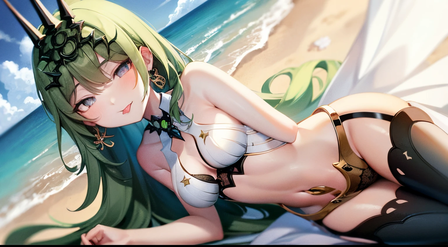 laying down, solo, 1girl, highres, green eyes, green hair, small breasts, looking at viewer, extremely detailed, jewelry, crown, earring, single earring, lace, sundress, shawl, outdoor, beachside, seductive smile, beautiful, HD, tongue, tongue out