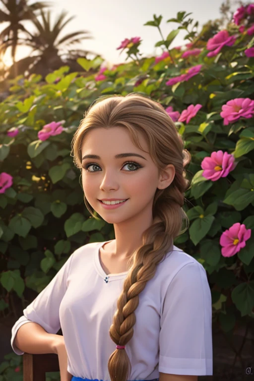 (realista: 1.4), mejor calidad, ultra-high-resolution, 4k , Detalles intrincados , Altamente detallado, A -yeld gi, very light brown hair with braid , Cabello largo , todo muy detallado , Sonriente , alto contraste , Background flowers falling behind her , HDR , cinematographic image , senos medianos, viste playera amarilla de manga corta , playera amarilla , falda azul plisada , falda azul , linda sonrisa , maquillaje ,ojos verdes , jardin , fiesta , noche , posando sexy para foto , trenza grande , cuerpo completo