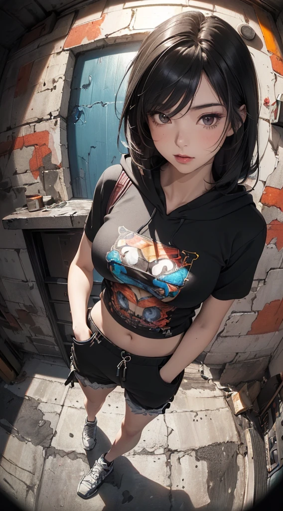 (((8k wallpaper of extremely detailed CG unit:1.2, masterpiece, hight resolution:1.2, top-quality:1.2, masutepiece))), ((sfw, a very beautiful woman, Hands in pockets:1.8, wearing a short sleeve hoodie:1.2, Wearing leggings, Wearing sneakers)), ((extra detailed face, Highly detailed black eyes, extra detailed body, Top quality real texture skins)), (A dark-haired, length hair, de pele branca, Small, Exposed belly), ((colorfully painted wall)), (high-angle, Fisheye:1.3), hyper realisitic, digitial painting,