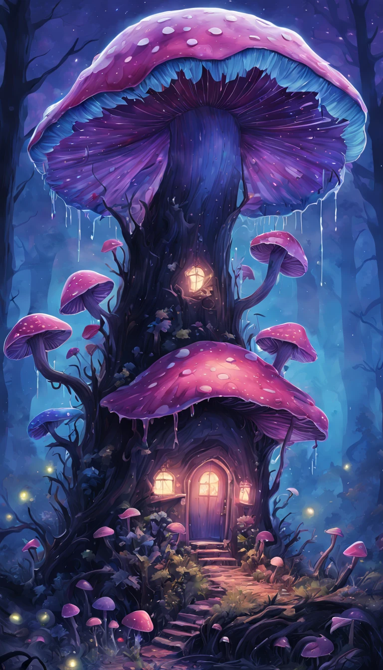 one hundred fireflies, bioluminescent mushrooms, Glowing mushrooms, (Sleeping goblin), There is fog, Misty, Digital illustration, There is almost no light, darkly, dark pink palette, light violet, navy-blue, chestnut, and cornflowers, hight contrast, mistic, A dead man, Rotting wood, natta, Poison drops, Liquid dripping, Mukoi, vibrant with colors, a fairy dust, Lots of shadows, nightmare, eerie, Absolute horror, dark and deep, cel shadow, The content is very detailed, ultra - detailed, 4K, Digital illustration, aquarelle, art  stations, 动态照明, dynamic range