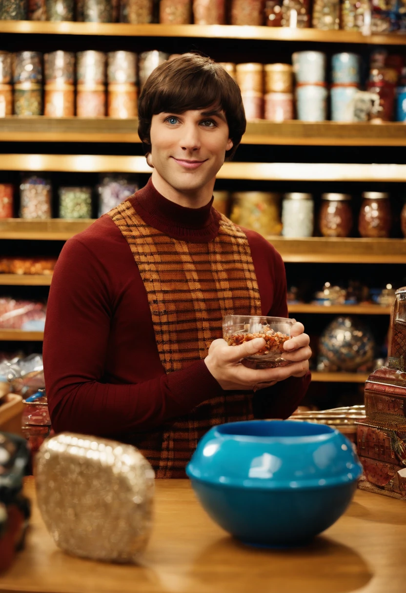 A photo of Howard at an adult toy store, holding up a unique geeky adult novelty item.,The Big Bang Theory,Woward is a man with a large nose, brown bowl cut, and wears turtlenecks, male