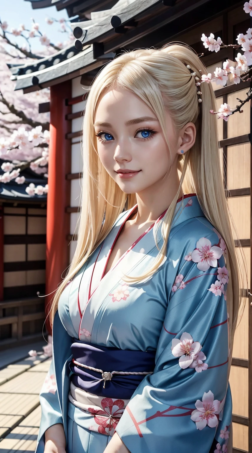 25-year-old Caucasian woman、platinum-blonde、blue eyess、Semi-long、tying up hair、a smile、I don&#39;t want my head to disappear from the screen.、Tying hair、wearing a kimono with a cherry blossom pattern、standing in Kyoto、She wears Japanese hair ornaments in her hair.
