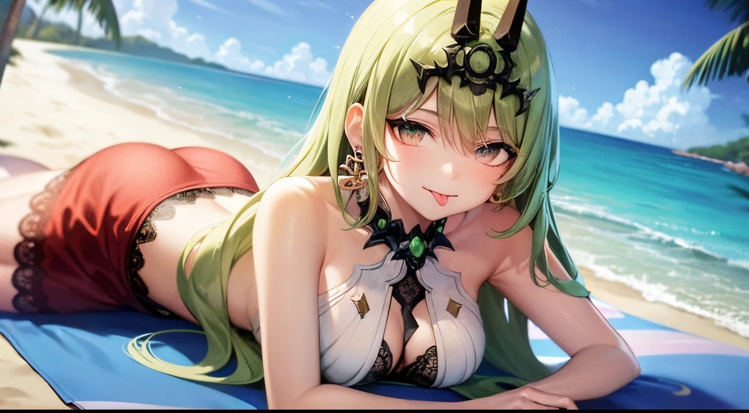 laying down, solo, 1girl, highres, green eyes, green hair, small breasts, looking at viewer, extremely detailed, jewelry, crown, earring, single earring, lace, sundress, shawl, outdoor, beachside, seductive smile, beautiful, HD, tongue, tongue out