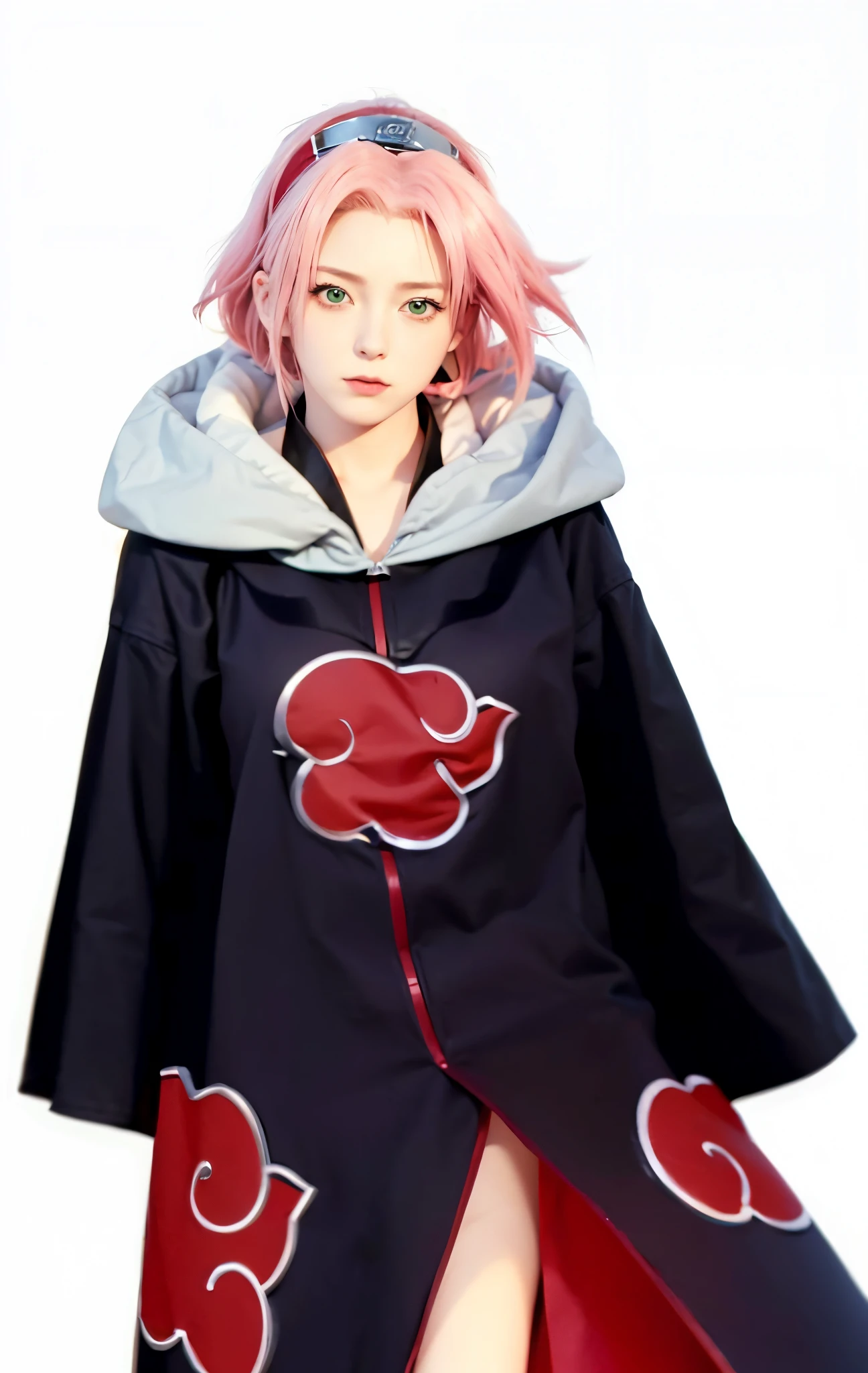 Real life adaption of this character,her name is sakura haruno from anime Naruto,she has a realistic same pink hair with a red headband, realistic same outfit, realistic same apron, beautiful korean teen face, she has green eyes color, realistic light, realistic shadow, realism, hyper realistic,(photorealistic:1.2), realistic background , details eyes,