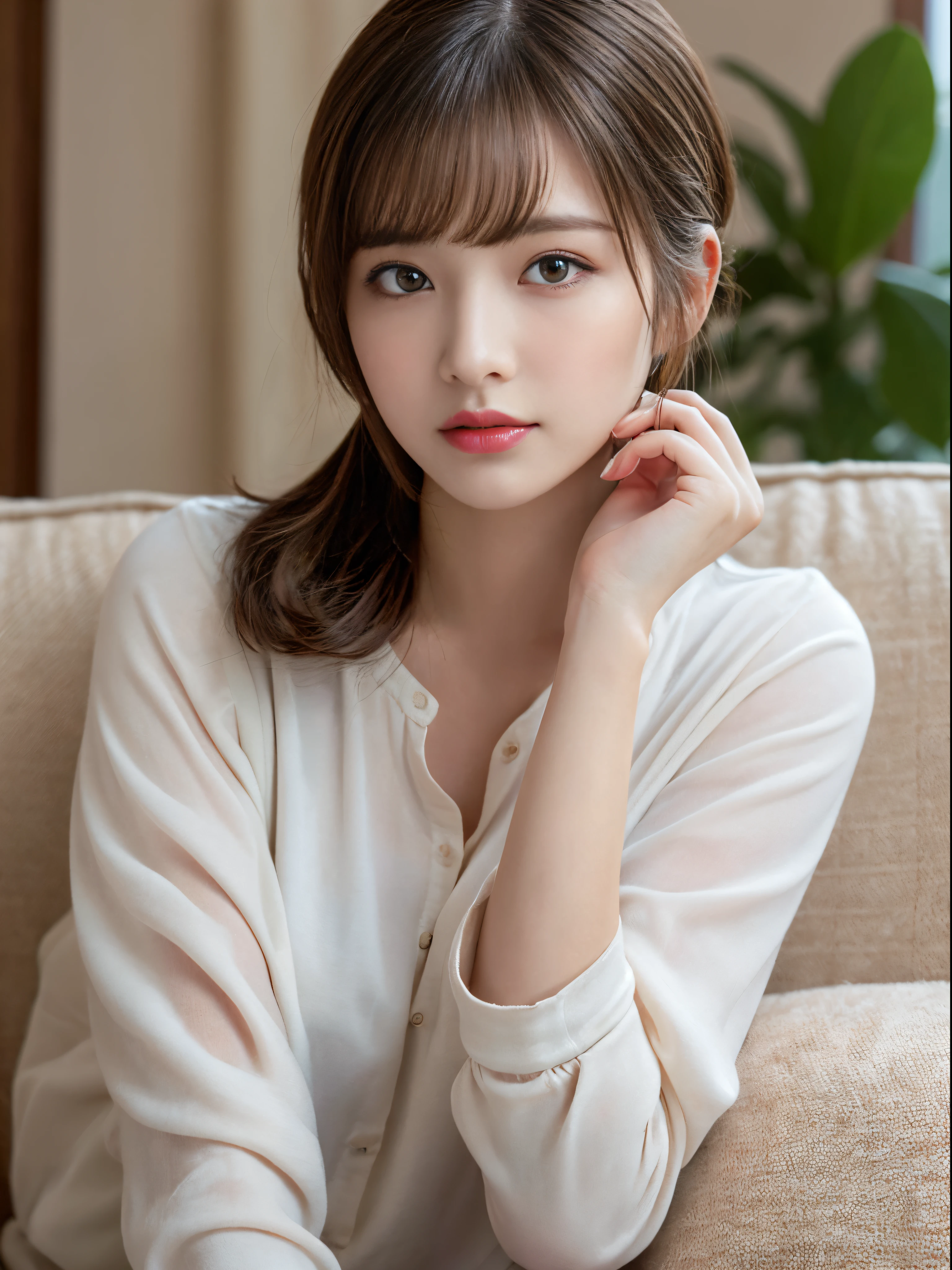 (masterpiece:1.3), (8K), Photorealsitic, Raw photography, In the living room where the morning sun shines、Sit on the couch and relax、in casual attire、(Top image quality: 1.4), 23-year-old girl、Super Detail Face、Eye of Detail、二重まぶた、foco nítido:1.5、prety woman:1.4、light brown hair、poneyTail、Natural Color Lip、top-quality、masterpiece、超A high resolution、(Photorealsitic:1.4)、very detailed and professional lighting、slender、serious facial expression、Transparent skin、randome pose、Glowing hair、
