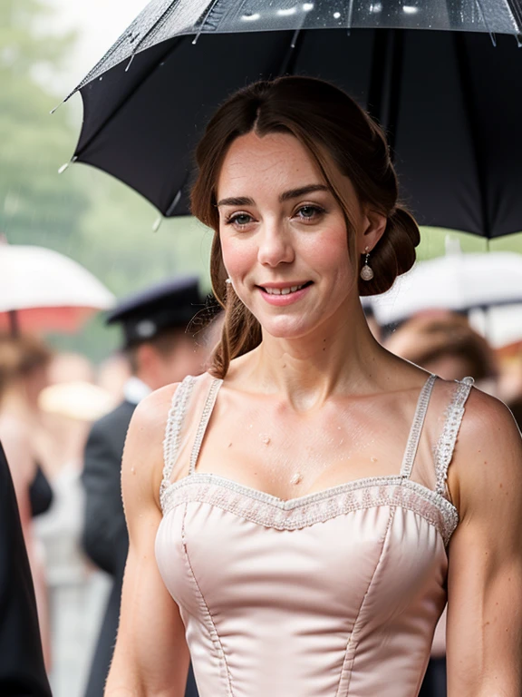 Kate, ripped muscle, muscular body, pale skin, smile(blush), victorian era dress, [ultra detailed skin:1.2], 8k uhd, full body, stand, sweat, cum on face, crowd, public, rain,