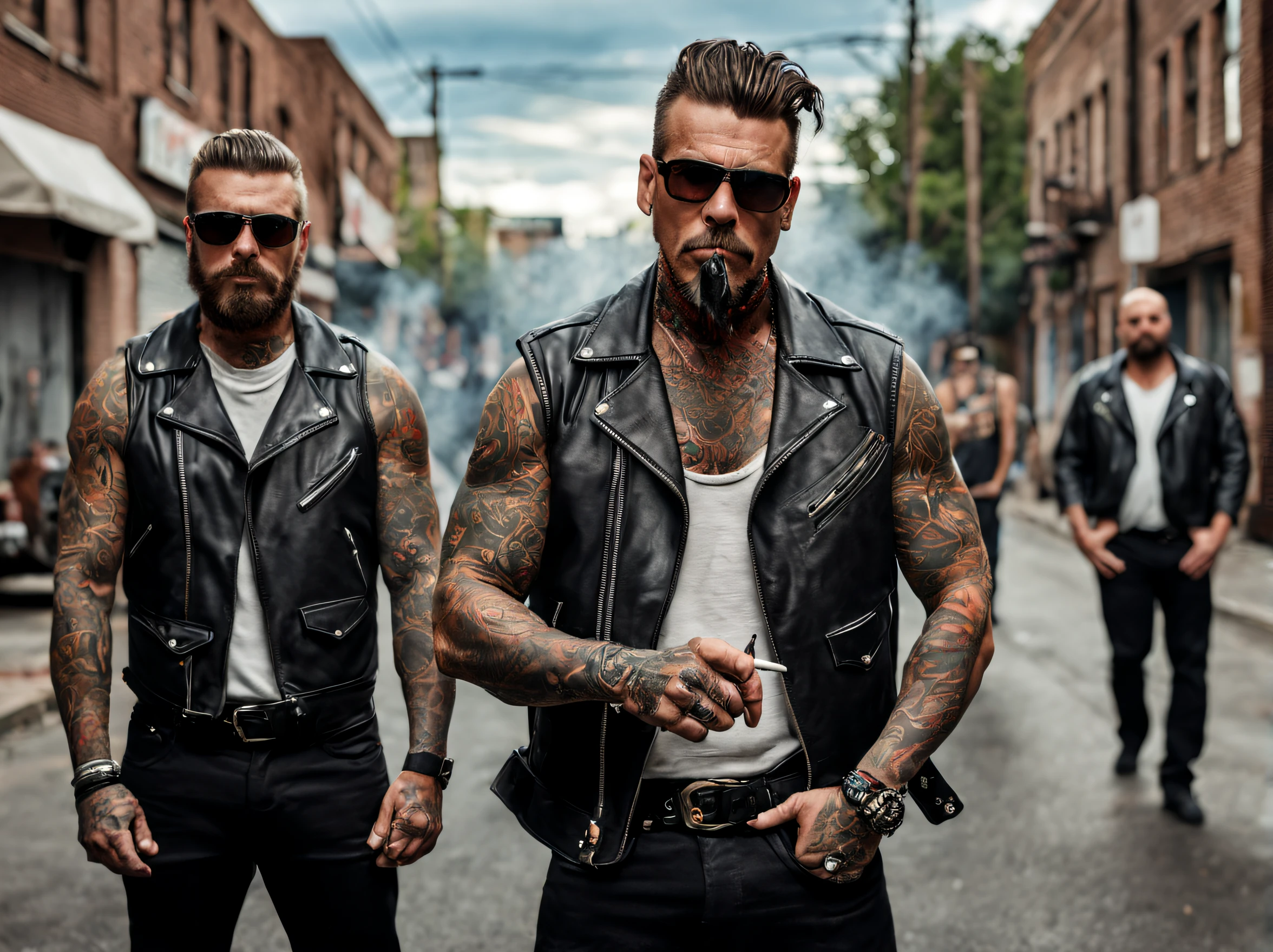 create an image of a handsome american biker gang, tough, macho, brutal, violent, fierce, intimidating, dressed in biker gang style, tattoos, smoking a cigarette. standing in the middle of a street.
