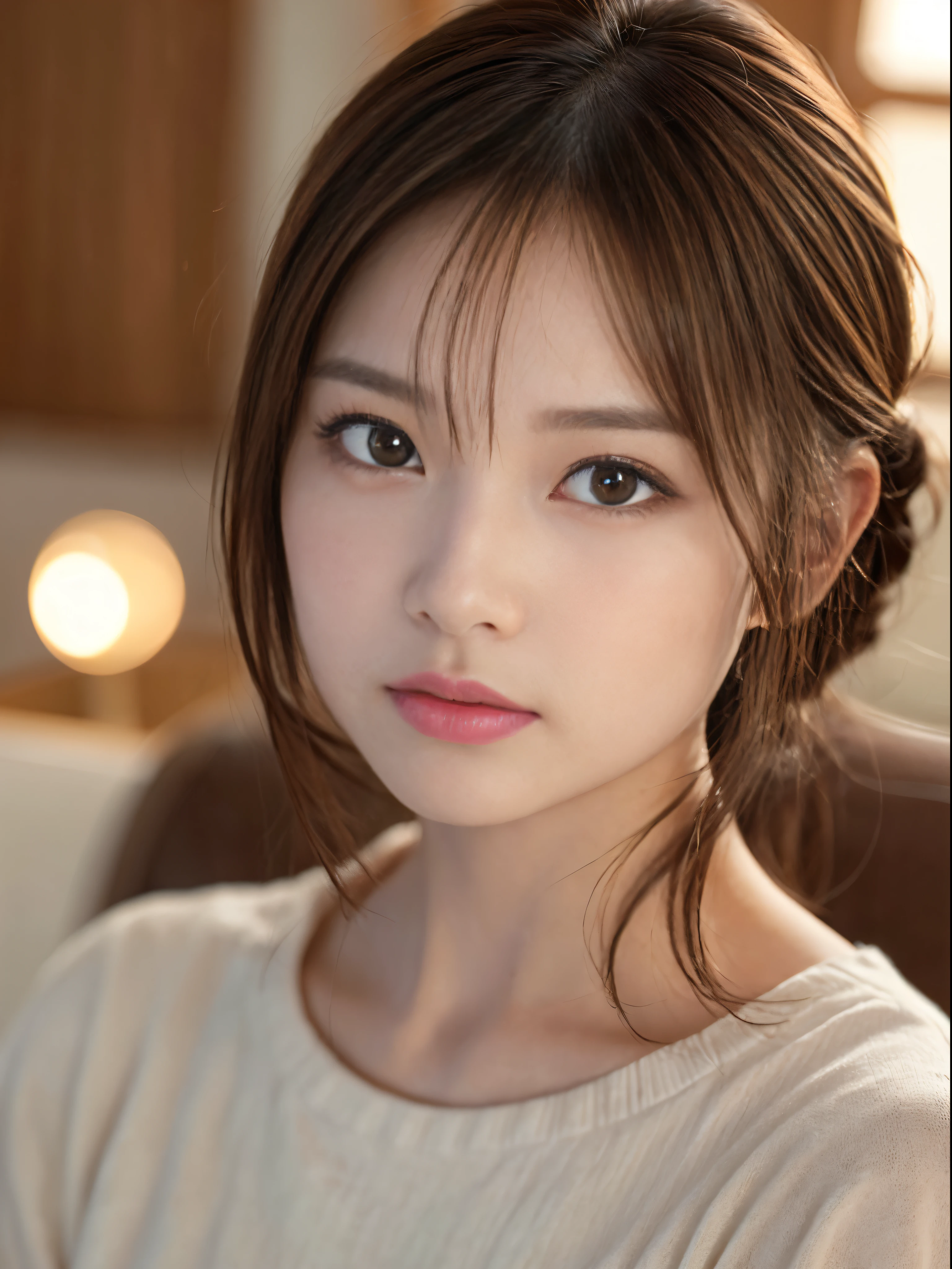 (masterpiece:1.3), (8K), Photorealsitic, Raw photography, In the living room where the morning sun shines、Sit on the couch and relax、in casual attire、(Top image quality: 1.4), 23-year-old girl、Super Detail Face、Eye of Detail、二重まぶた、foco nítido:1.5、prety woman:1.4、light brown hair、poneyTail、Natural Color Lip、top-quality、masterpiece、超A high resolution、(Photorealsitic:1.4)、very detailed and professional lighting、slender、serious facial expression、Transparent skin、randome pose、Glowing hair、