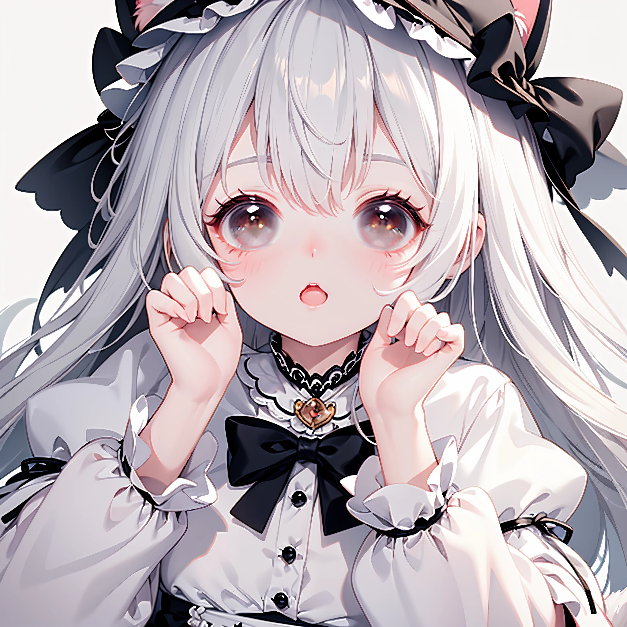 Masterpiece, best quality, high quality, ultra detailed, close up, face focus, Personification of the cat, Lolita fashion, paw pose, squinting, :3, open mouth, no background, white background