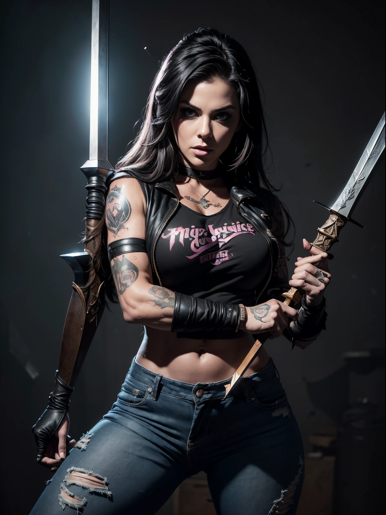 Very aesthetic inkpunk illustration, Alison Tyler, (((wielding a magic spear in his right hand))), sentada em uma cadeira simples, corpo inteiro, separated-lips, ,(((jaqueta de couro preta com rebites))) , ripped jeans, camiseta branca, , fundo da parede com graffiti, Arte por Mschiffer