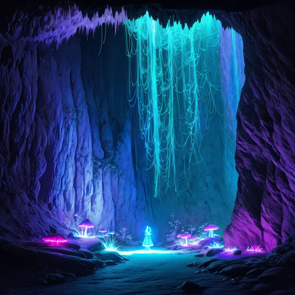 Bioluminescent mushrooms grow on the walls of a dark cave, mushrooms glow with blue and pink neon light, glowing mushrooms of different sizes on thin legs, luminous threads are woven into bizarre shapes, in the ghostly neon light of the mushrooms, the dark outlines of the cave walls and roots hanging from the ceiling are visible, Small bioluminescent insects crawl across the cave floor, this whole picture creates an unreal magical look, as if I had entered another fairy-tale dimension or a magical dungeon world, 極端なディテール, High contrast, Hi-Def, High depth of field, digital arts, Neon art, Masterpiece art