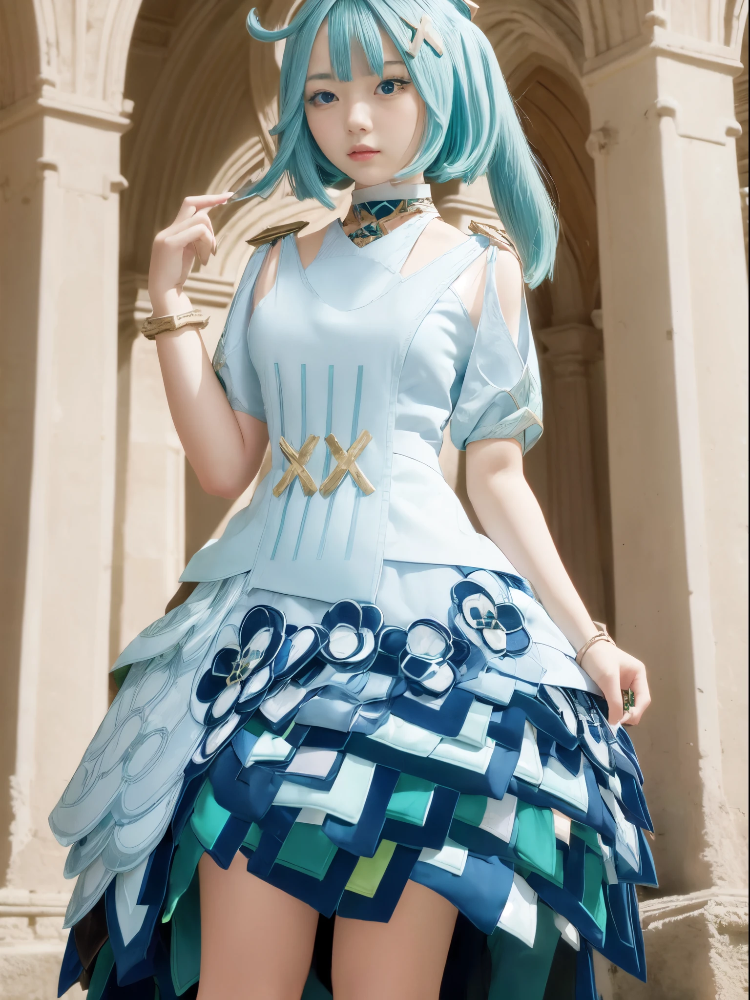 (1girl in), (masutepiece), (Perfect face), (perfect hand), (Symmetrical facial proportions), light green hair、(Best Quality), - 8K - UHD - Hyperdetail、Raw photo、Real image quality、The background is an ancient ruin