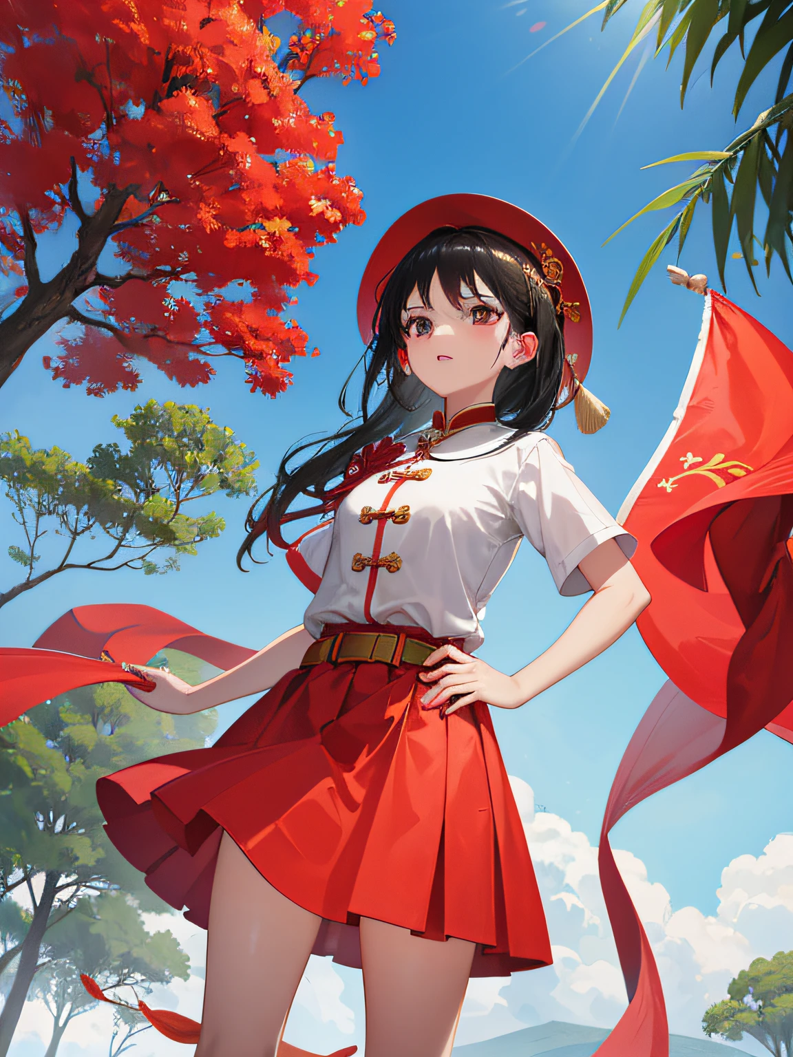 There are many red ribbons tied to a tree with a sky background, Kunti Ranak on the Bayan Tree, kuntilanak on tree, red banners, red pennant, Red belt, hanging tree, Red flag holidays, hight decorated, On a sunny day, Vibrant reds and greens, props containing trees, flying trees and park items, chinese ribbon dance