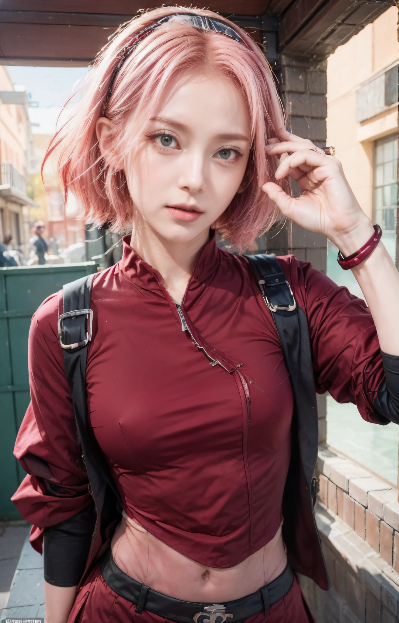 Real life adaption of this character,her name is sakura haruno from anime Naruto,she has a realistic same pink hair with a red headband, realistic same outfit, realistic same apron, beautiful korean face, she has green eyes color, realistic light, realistic shadow, realism, hyper realistic,(photorealistic:1.2), realistic background , details eyes,