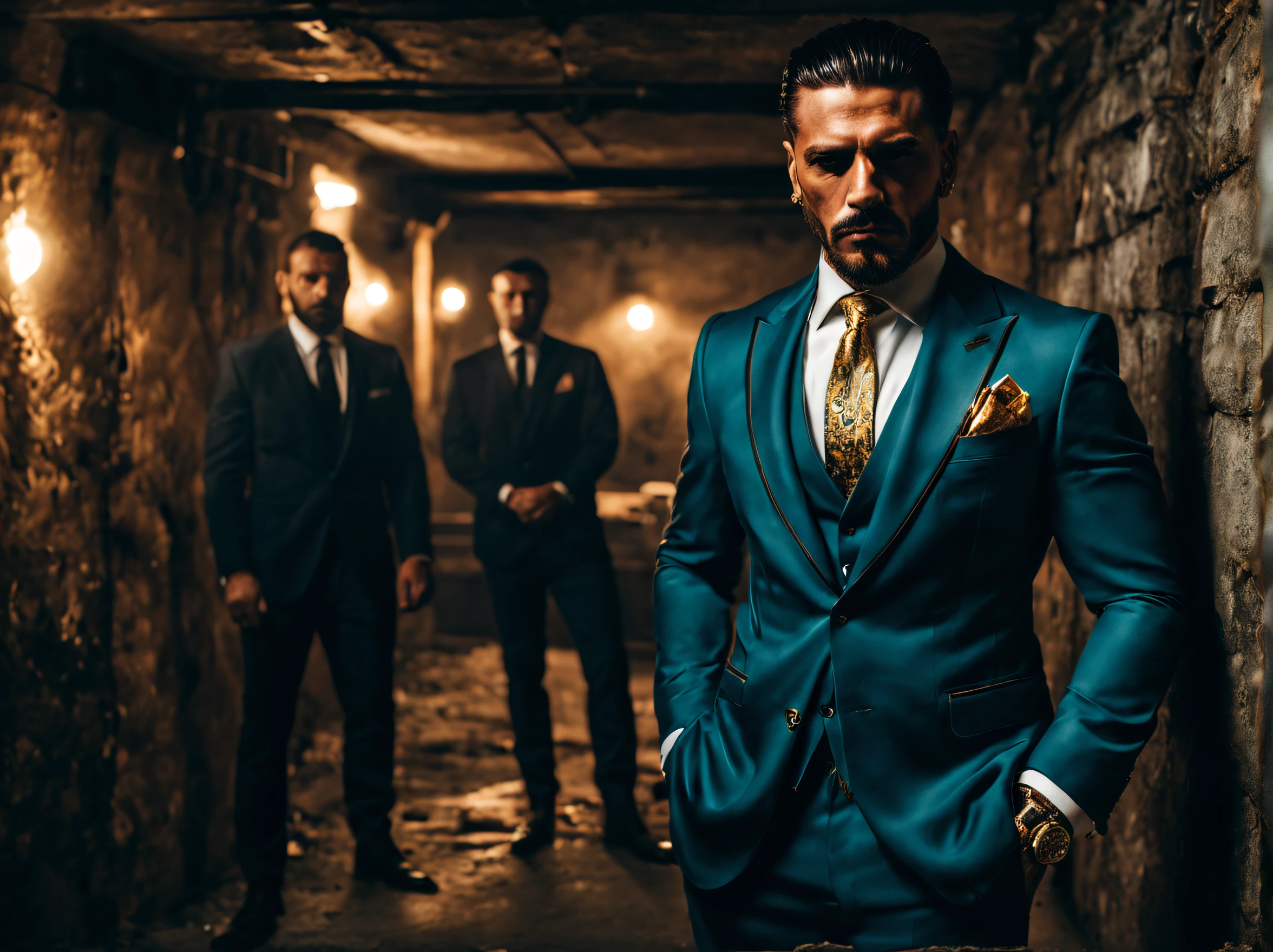 many italian mafia members, tough, macho, brutal, violent, fierce, intimidating, dressed in luxury suits, gold accessories, rolex, tattoos, smoking a cigarette. standing in the middle of a basement