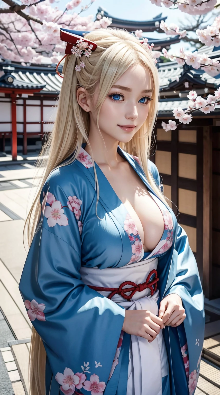 25-year-old Caucasian woman、platinum-blonde、blue eyess、Semi-long、tying up hair、a smile、I don't want my head to disappear from the screen.、Tying hair、wearing a kimono with a cherry blossom pattern、standing in Kyoto、She wears Japanese hair ornaments in her hair.、huge tit