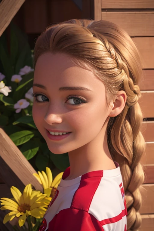 (realista: 1.4), mejor calidad, ultra-high-resolution, 4k ,  Detalles intrincados , Altamente detallado, A 14-year-old girl , very light brown hair with braid , Cabello largo , todo muy detallado , Sonriente  , alto contraste  ,  Background flowers falling behind her , HDR , cinematographic image , senos medianos , usa uniforme de deportes color rojo , shorts color rojo , small blue bow in hair , linda sonrisa , maquillaje ,ojos verdes , jardin , fiesta , noche , posando sexy para foto , trenza grande , cuerpo completo