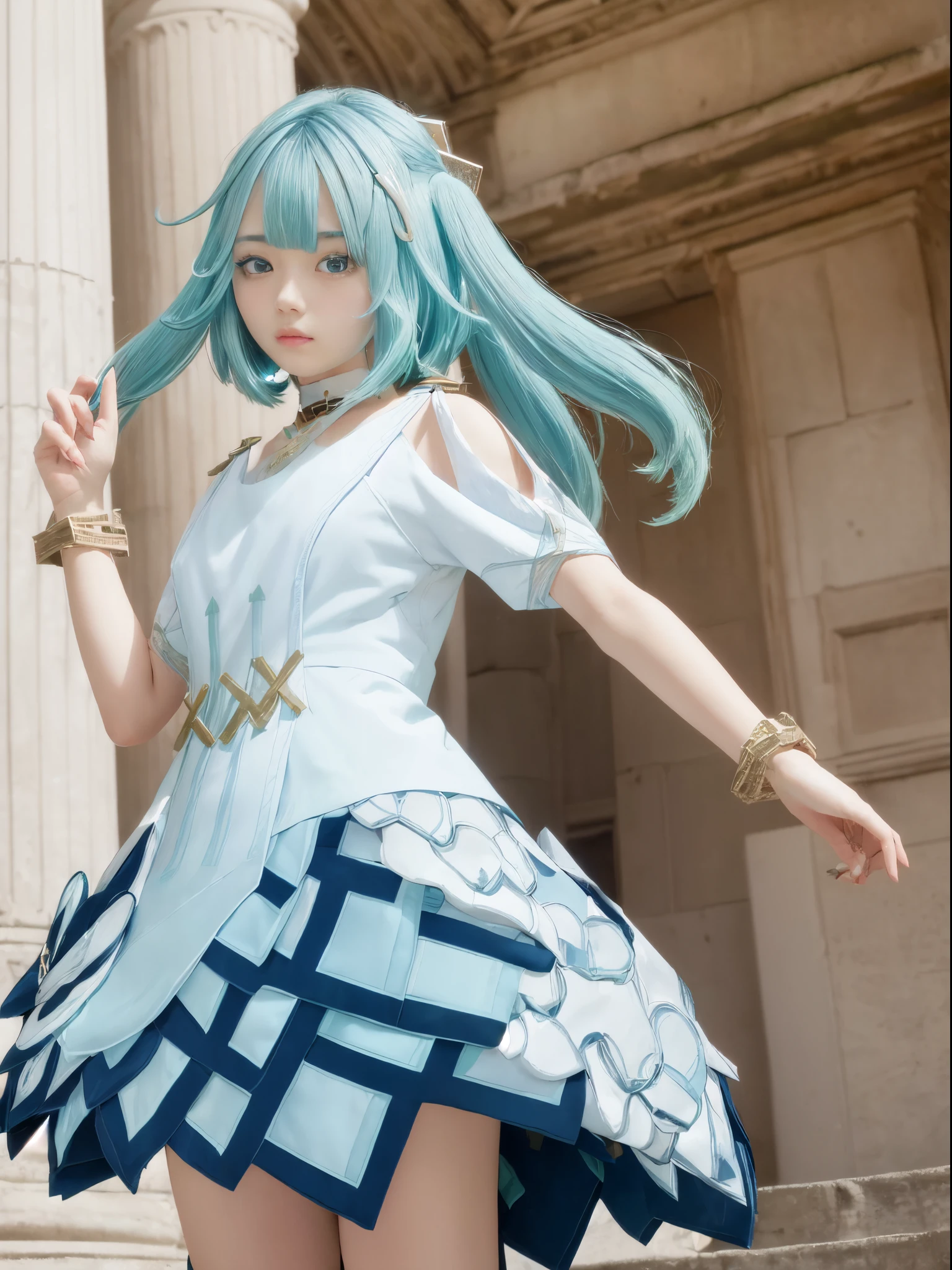 (1girl in), (masutepiece), (Perfect face), (perfect hand), (Symmetrical facial proportions), light green hair、(Best Quality), - 8K - UHD - Hyperdetail、Raw photo、Real image quality、The background is an ancient ruin